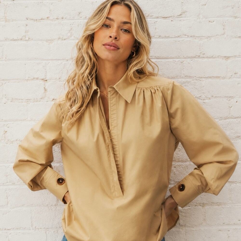 Anthropologie Tan Button-Cuff Popover Blouse
